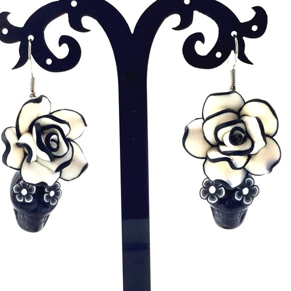 Jewelry - Earrings Day of Dead Black & White Flower Skull